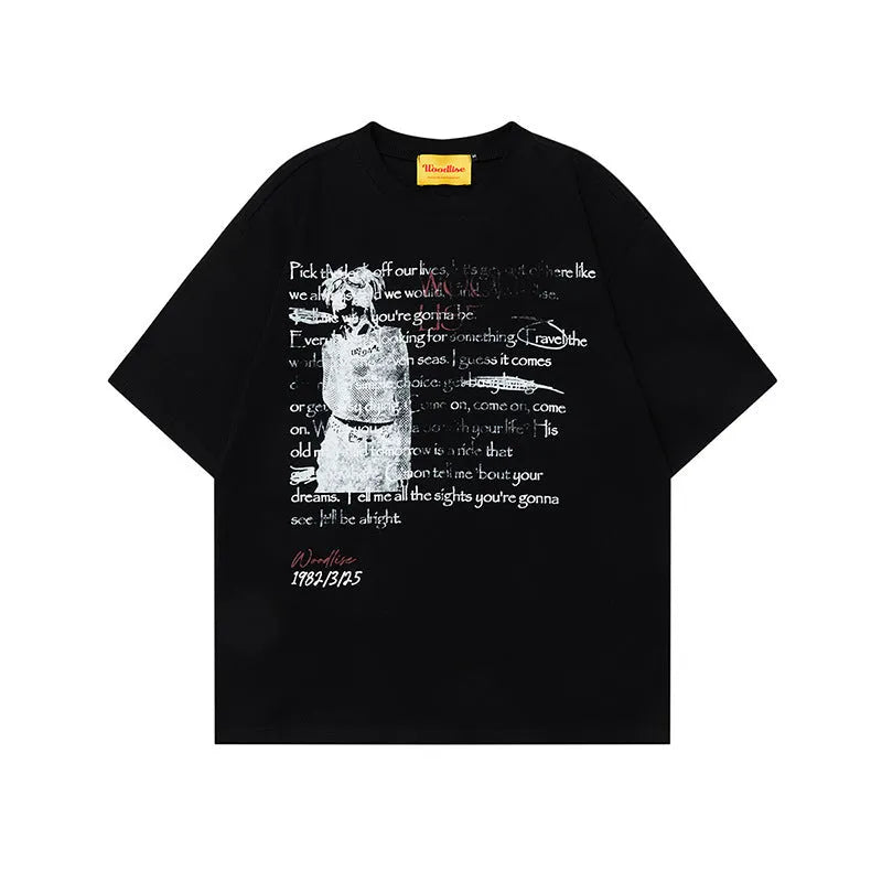 Men's black loose fit cotton t-shirt with white printed letter design and raglan sleeves