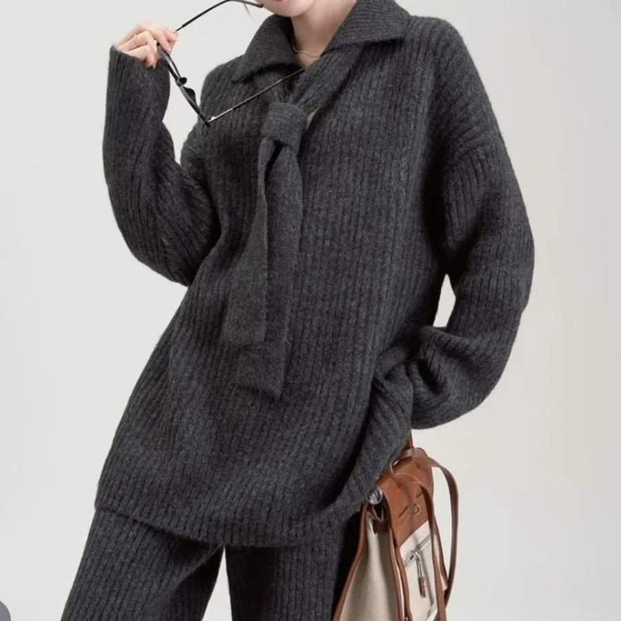 Sweater suit two-piece set with long-sleeve top and trousers in acrylic imitation cashmere fabric