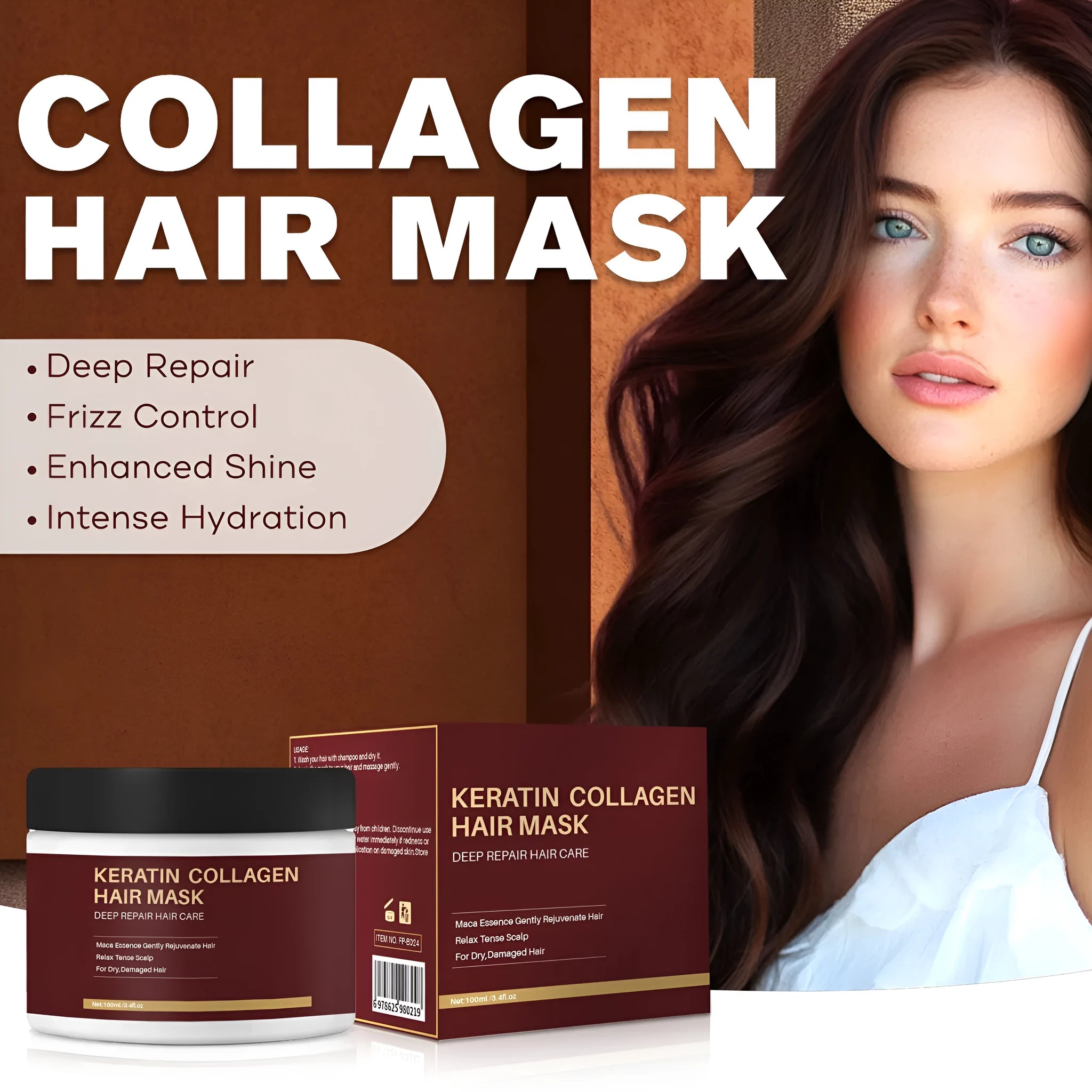 100ml pot of collagen protein hair mask for moisturising and repairing dry hair.