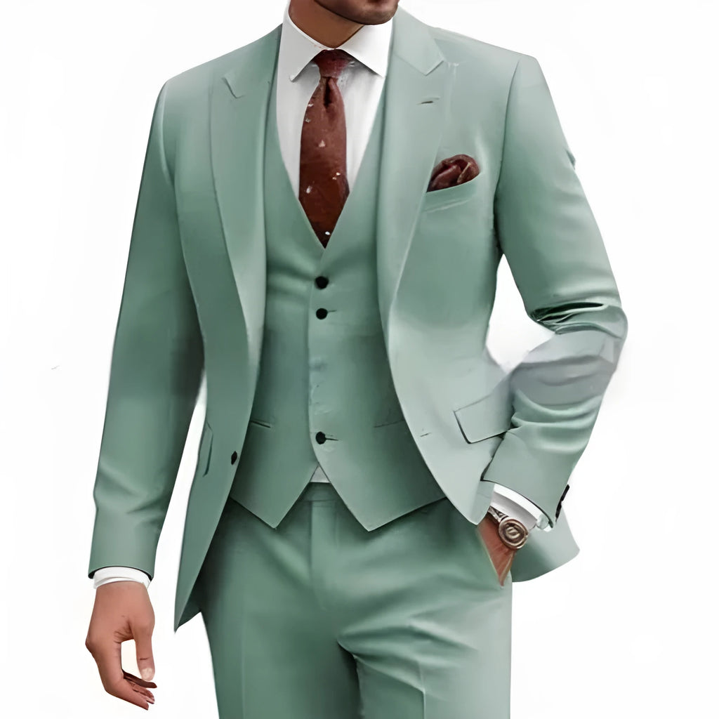 Men's slim fit three-piece suit in a chemical fibre blend, shown in a selection of available colours.