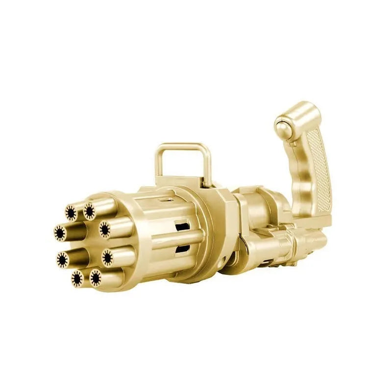 Kids bubble machine gun toy in pink, gold, or black, showing battery compartment and bubble solution sink.