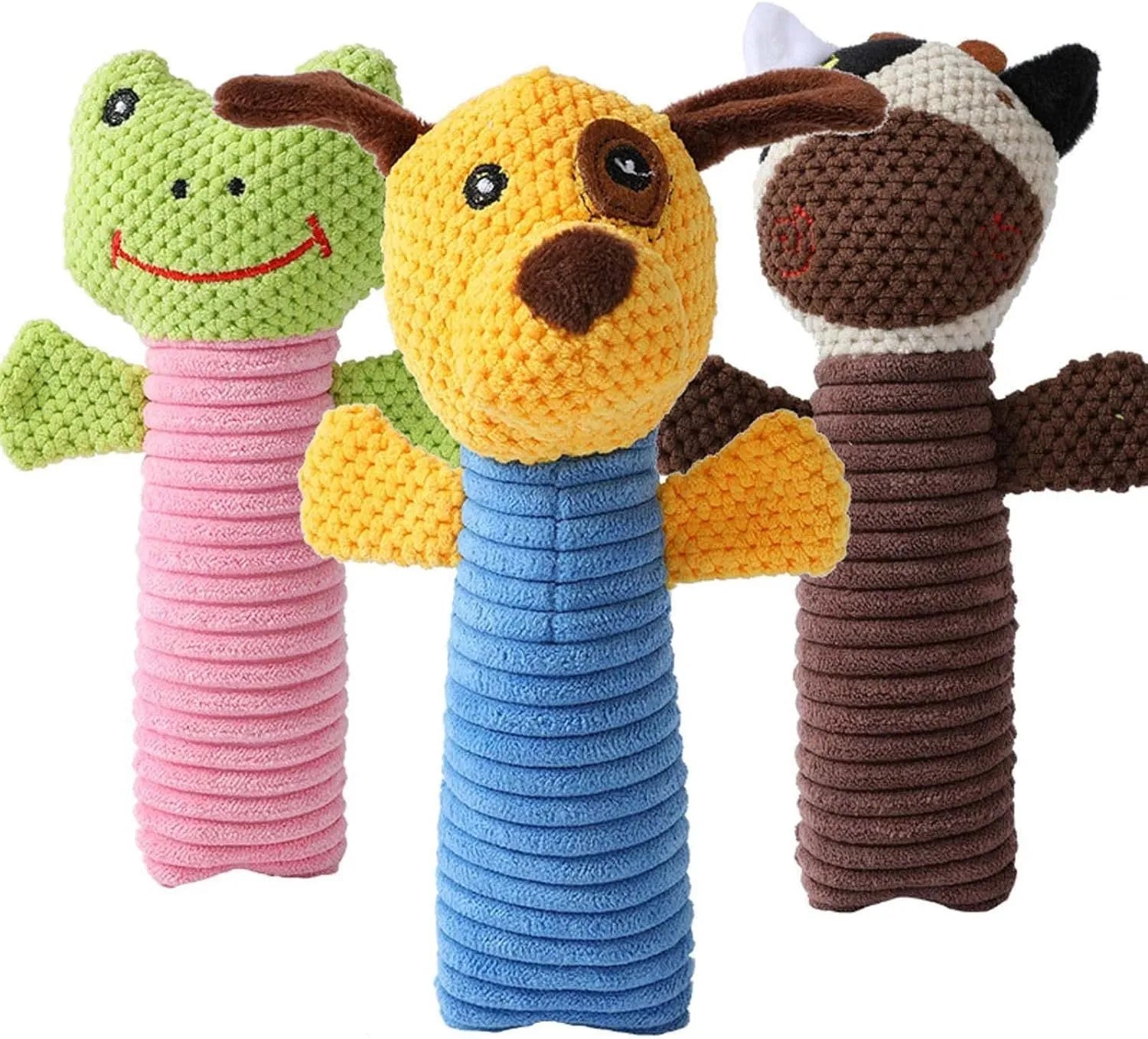 Squeaky dog chew toys in calf, frog and puppy shapes with dental cleaning features