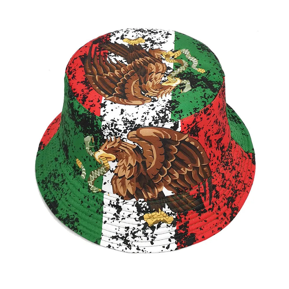 Retro-style polyester bucket hat featuring a large eagle pattern print on the crown.