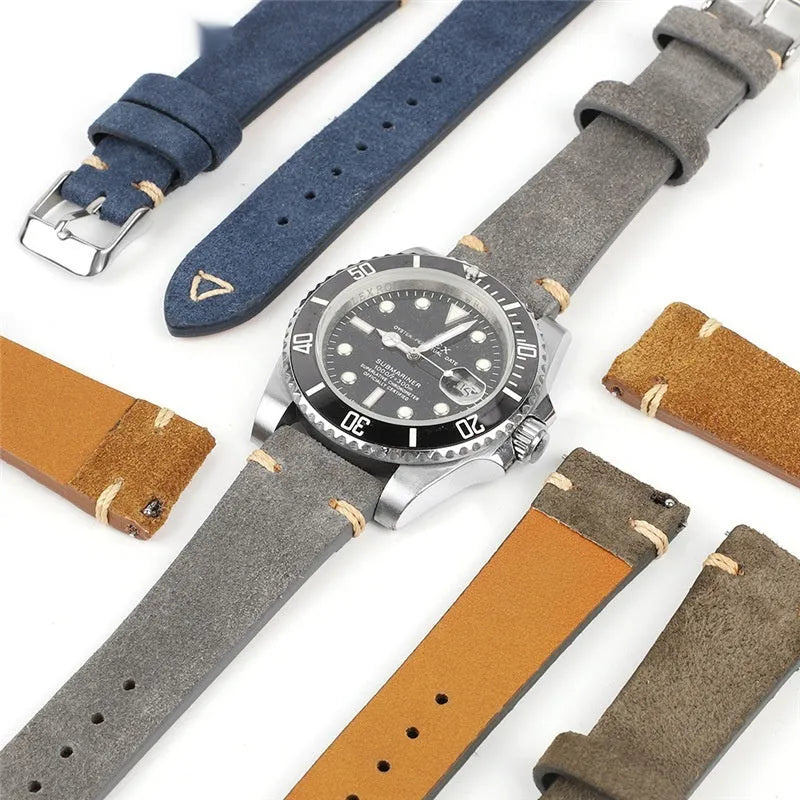 Genuine suede leather watch strap shown in brown, blue, gray, and Army Green colours for 20mm and 22mm watches.