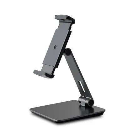 Black folding phone tablet holder with 360° rotating head on desktop