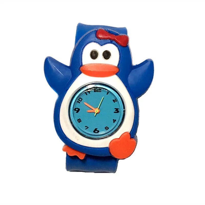 3D cute cartoon kids silicone watch with a 3.6cm face in a Black panda design showing the time on a white background