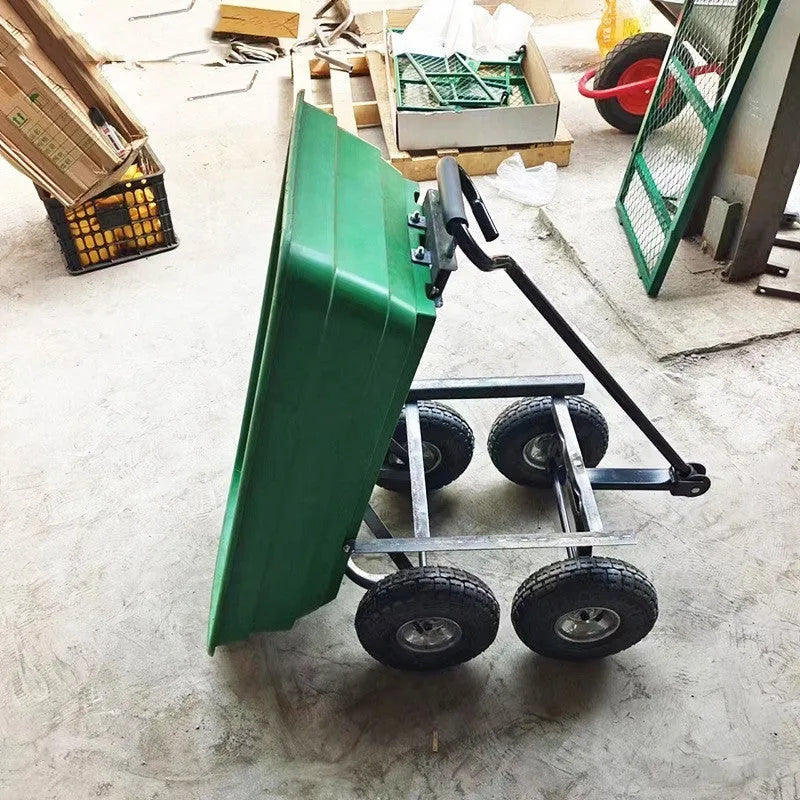 Green four-wheel plastic dump truck with steel frame and 940mm length body