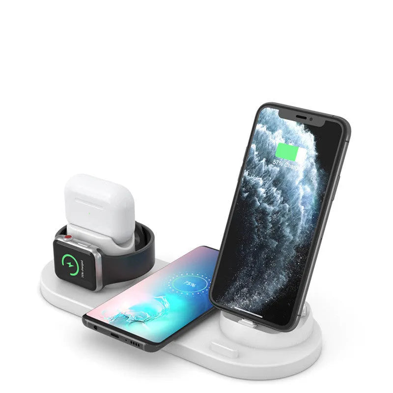 Black and white 6-in-1 wireless charging mobile phone holder with AirPods and iWatch charging ports