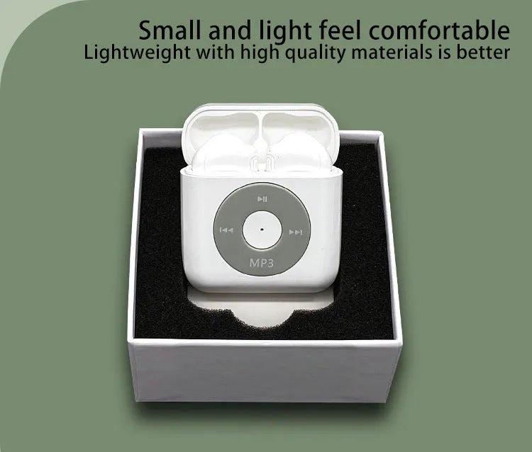 White wireless Bluetooth earphones with semi in-ear design and charging case