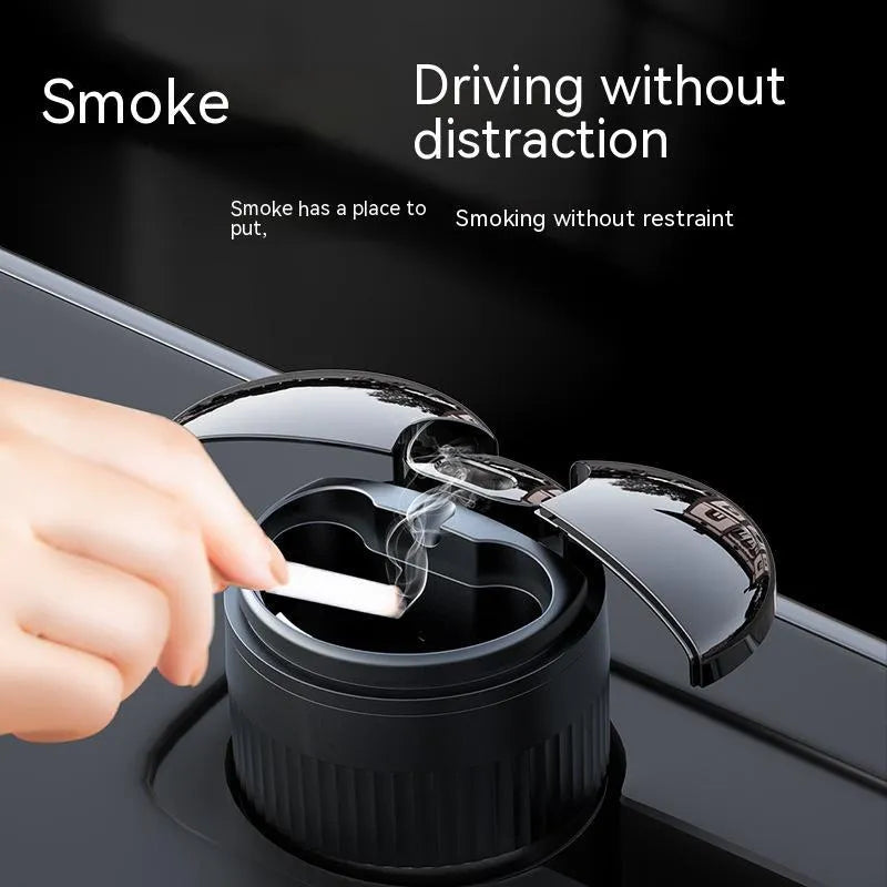 Automatic infrared sensing car ashtray in black metal with lid and charging cable.