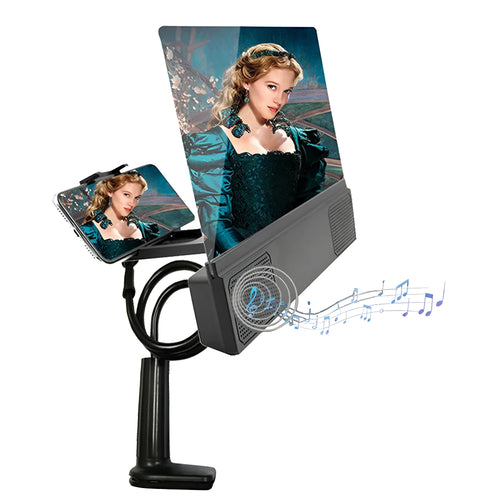 12-inch foldable mobile phone screen amplifier with gooseneck stand and built-in speakers.