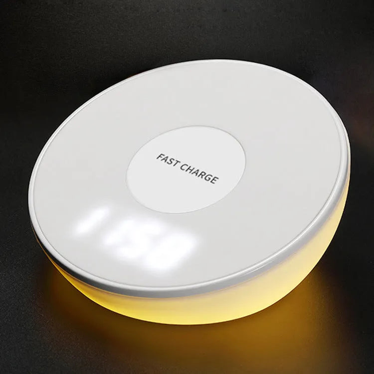 White wireless phone charger with digital clock display and three control buttons