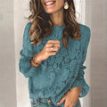 Women's loose fit hollow lace shirt with round collar, long sleeves, and zipper detailing
