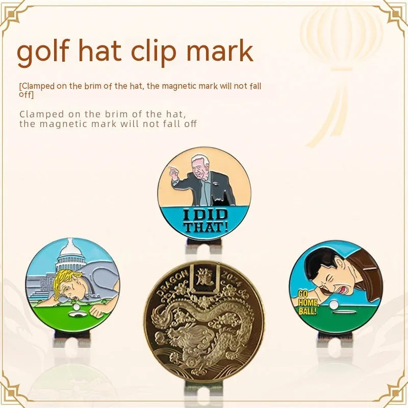 Zinc alloy golf hat clip with engraved design options including Dragon Year and ace lick ball patterns.