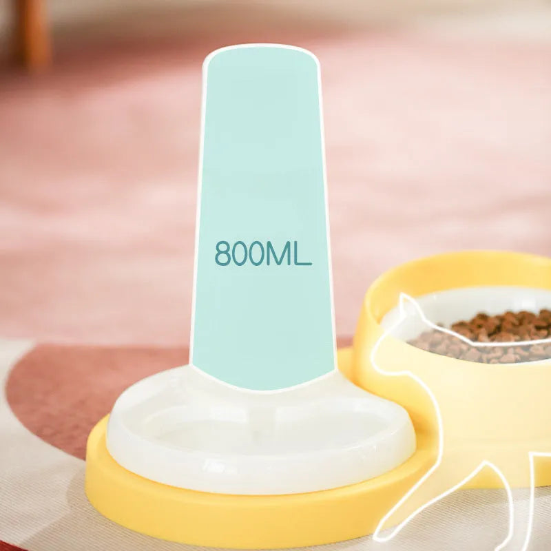 Grey and yellow pet dual bowl feeder with neck protection and anti-slip base