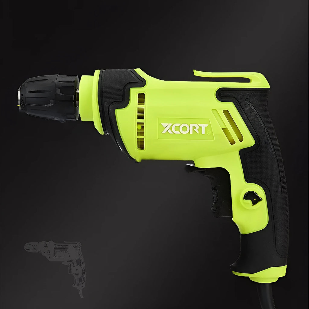 Pistol-grip electric power drill with a 10mm chuck, shown on a workbench.