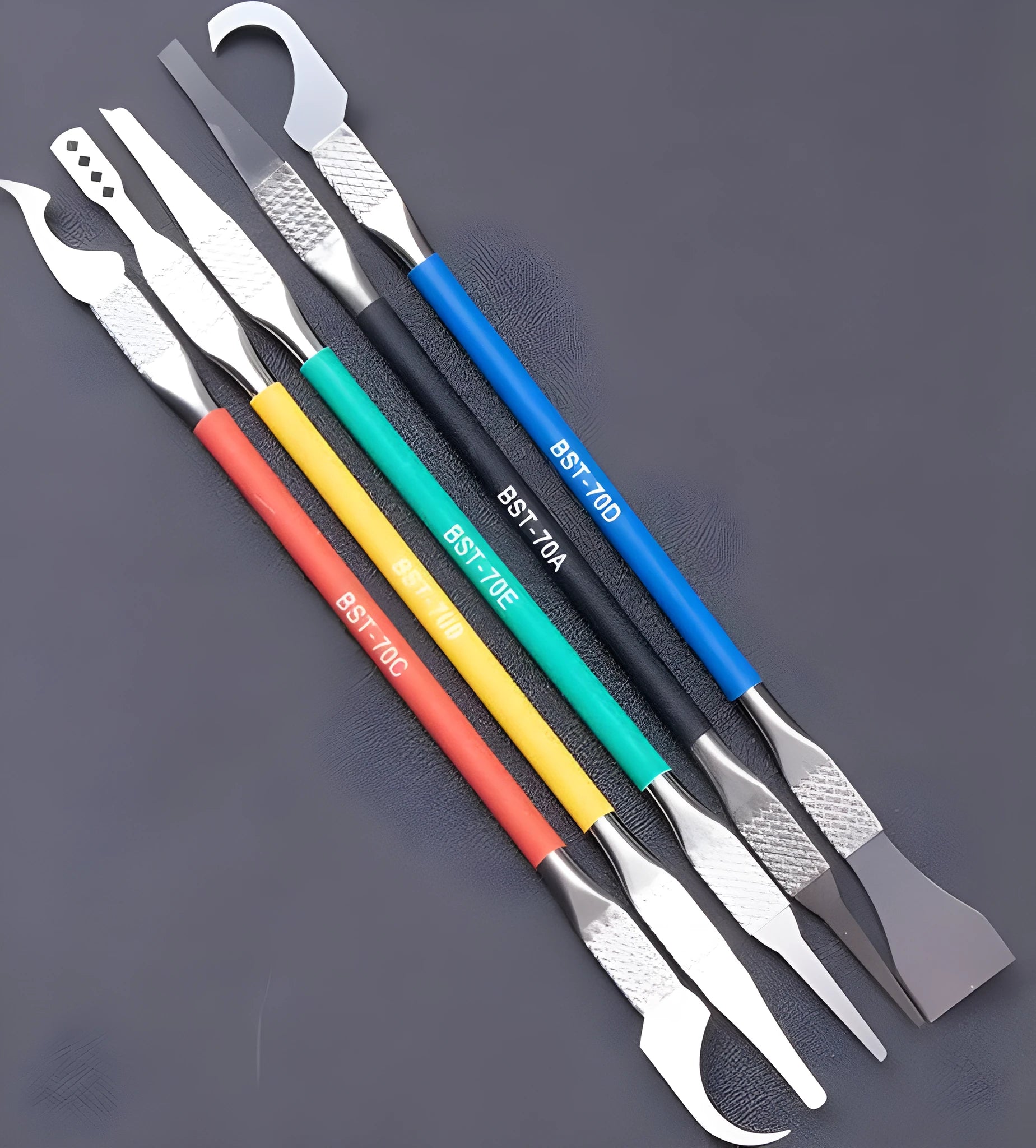 Five-piece stainless steel disassembling and removing plastic tool knife set from the Crowbar series.
