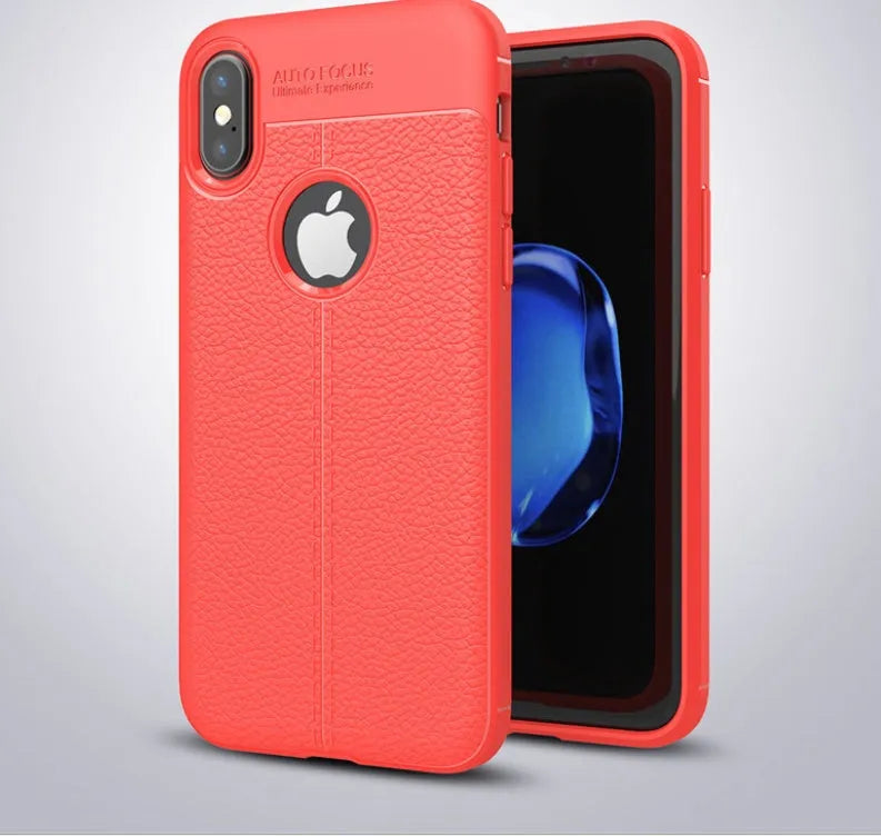 WeFor black PU leather texture case for OnePlus 6 phone, showing slim silicone edges and included screen protector.