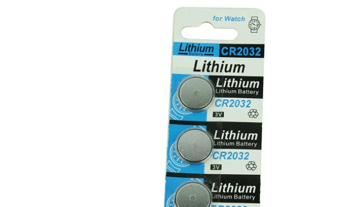 Pack of ten CR2032 3V lithium button coin cell batteries on a card.
