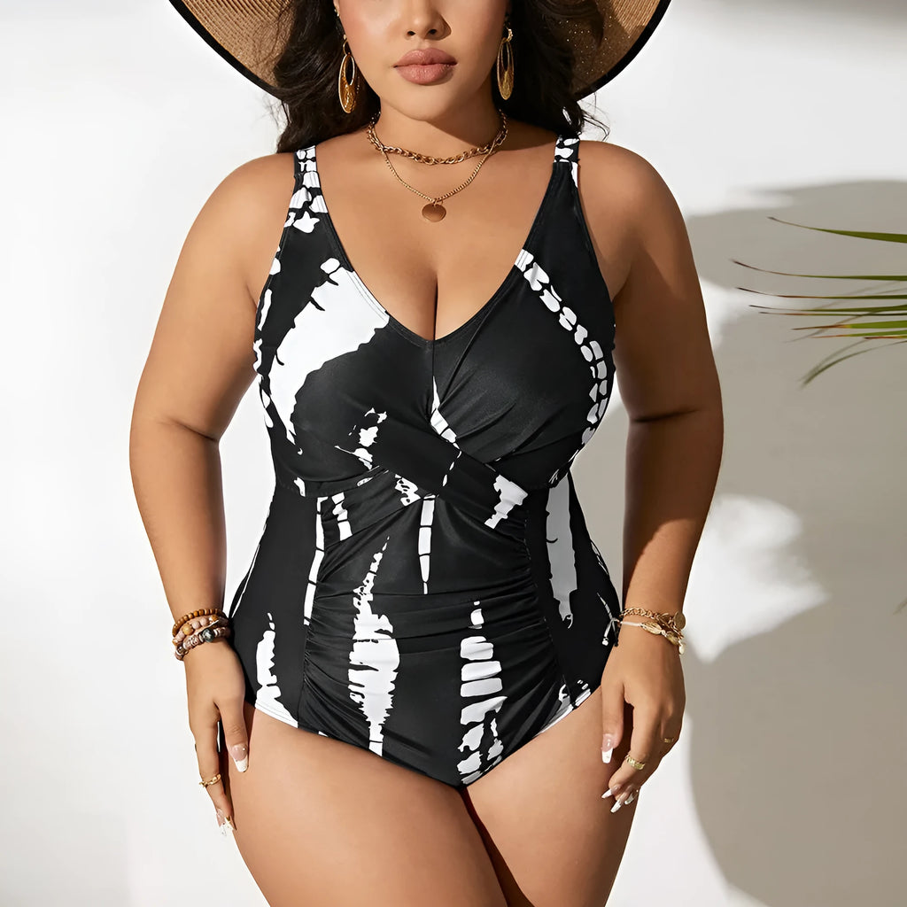 Siamese colour matching fit one-piece swimsuit in black with high elasticity fabric, sizes 0XL to 5XL
