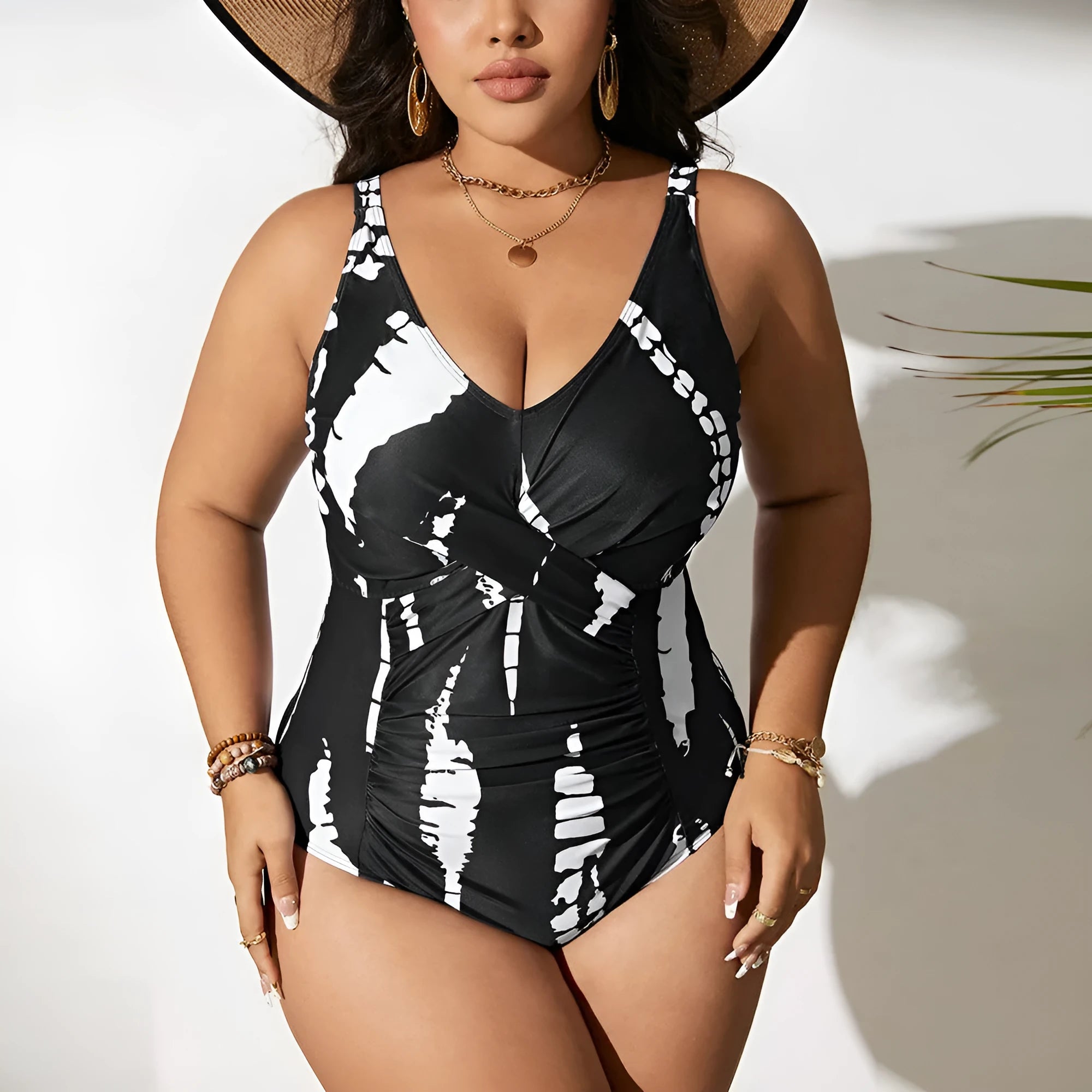 Siamese colour matching fit one-piece swimsuit in black with high elasticity fabric, sizes 0XL to 5XL
