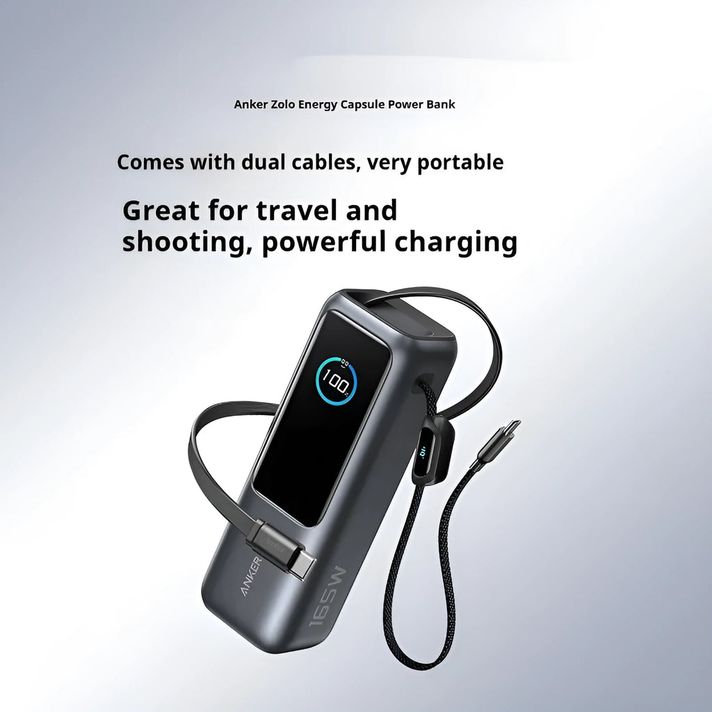 25000mAh fast charging power bank in black with two-wire connection and compact size