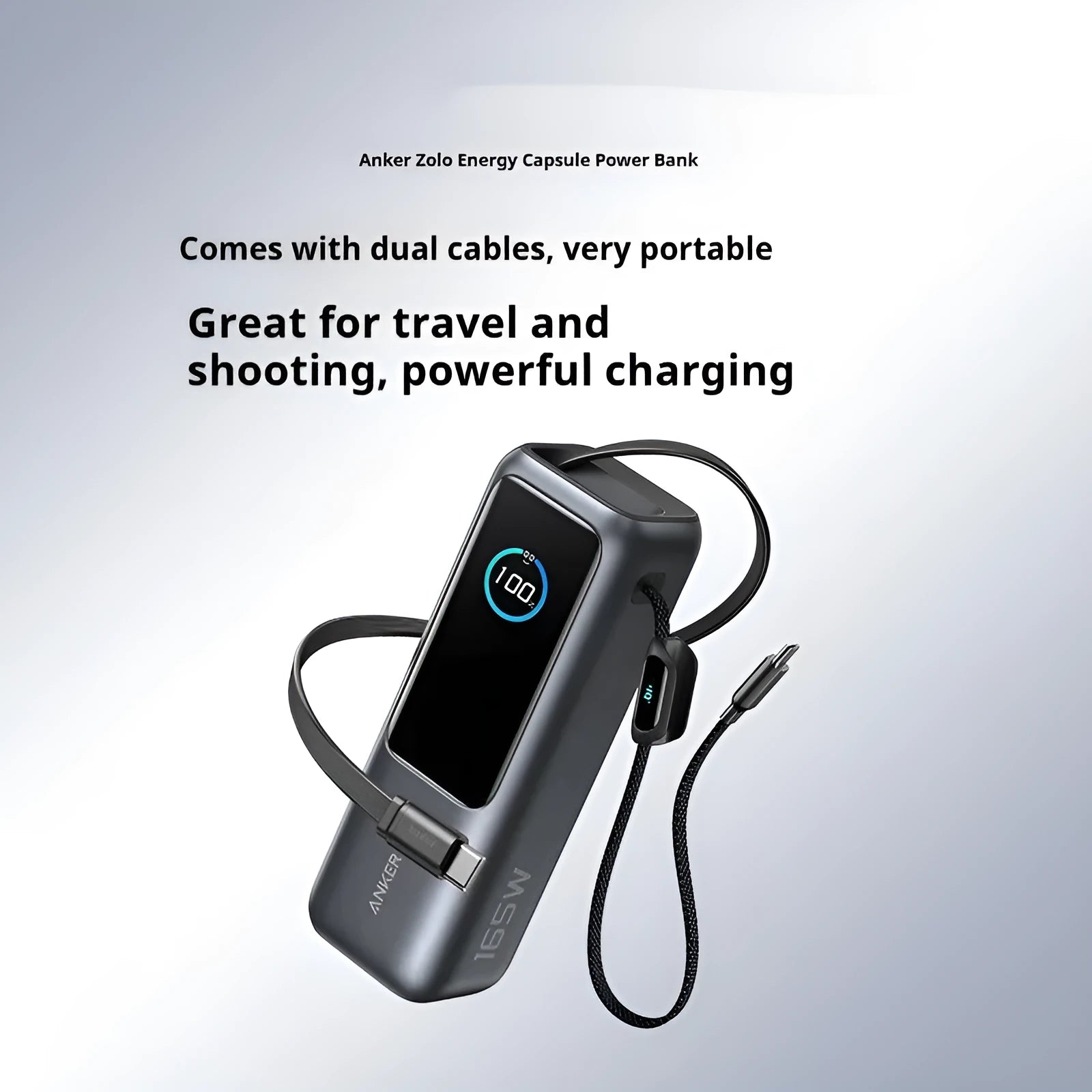25000mAh fast charging power bank in black with two-wire connection and compact size
