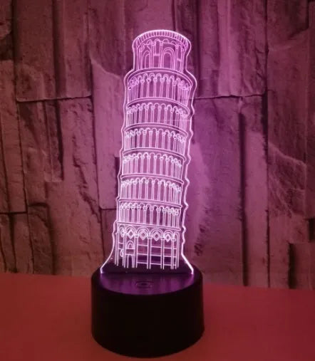Leaning Tower of Pisa 3D acrylic LED nightlight on a black base with remote control.