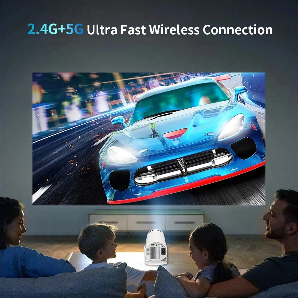 White Barrel X10 PLUS portable smart projector with gamepad and remote control on table
