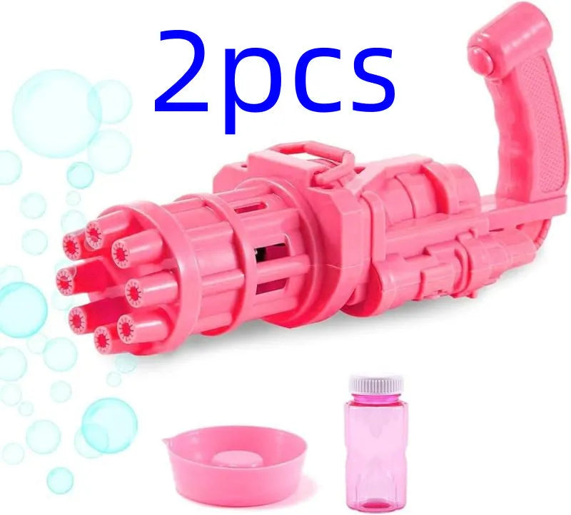 Kids bubble machine gun toy in pink, gold, or black, showing battery compartment and bubble solution sink.