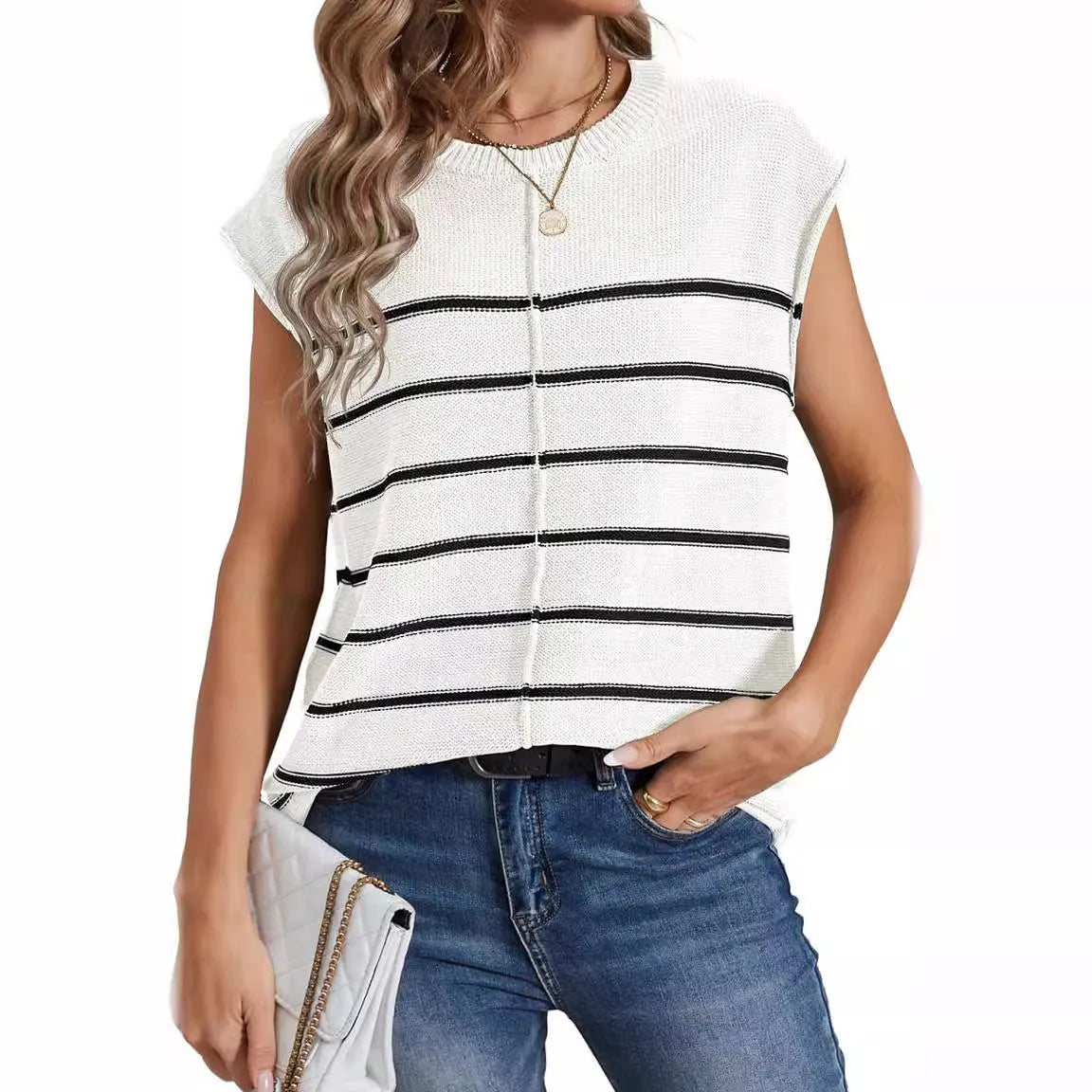 Women's striped sleeveless vest pullover in acrylic knit with bone stitching detail