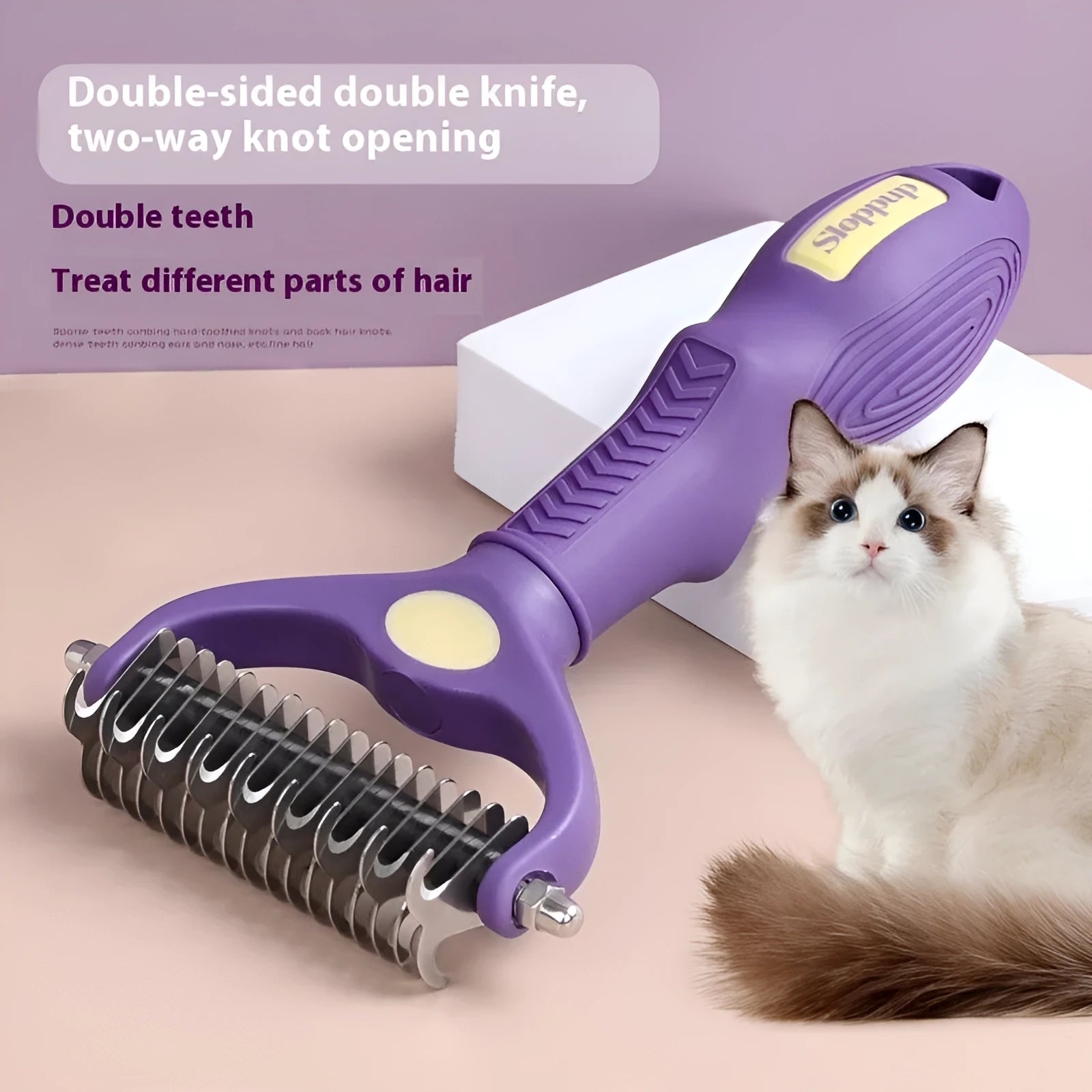 Purple double-sided plastic dog comb for untangling knots and removing loose hair.