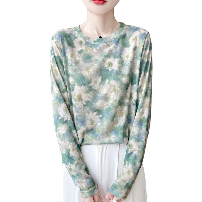 Women's round neck printed floral pullover in tencel cotton blend fabric with regular sleeves