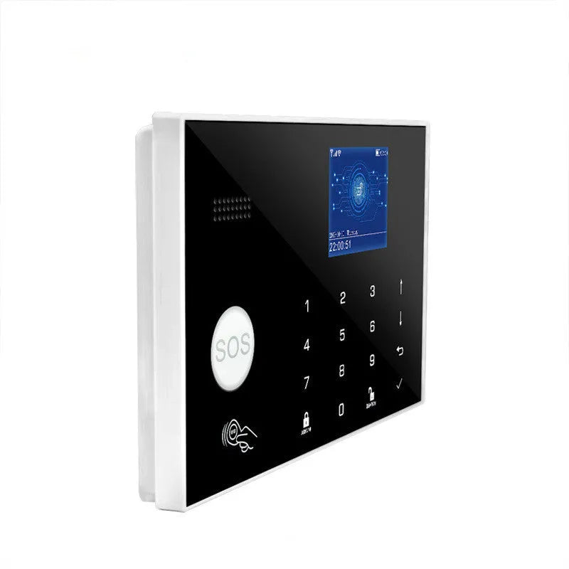 White WiFi GSM touch button household burglar alarm host unit with LCD display and button panel.