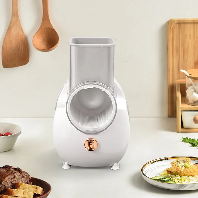 White electric vegetable slicer with strong suction base for potato carrot shredding and grating