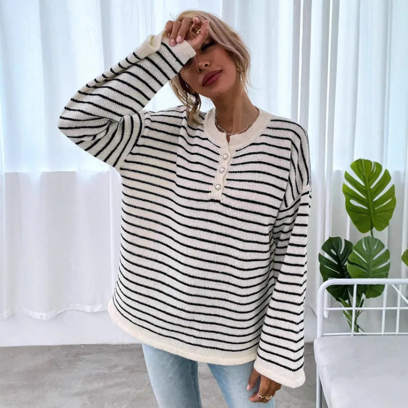 Black striped women's loose casual top with drop-shoulder sleeves and button detail
