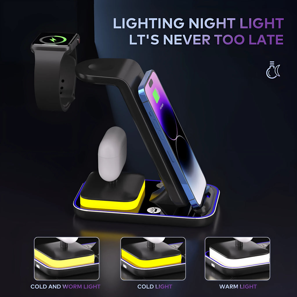 Black vertical wireless charging stand holding a mobile phone, smartwatch, and earbuds.