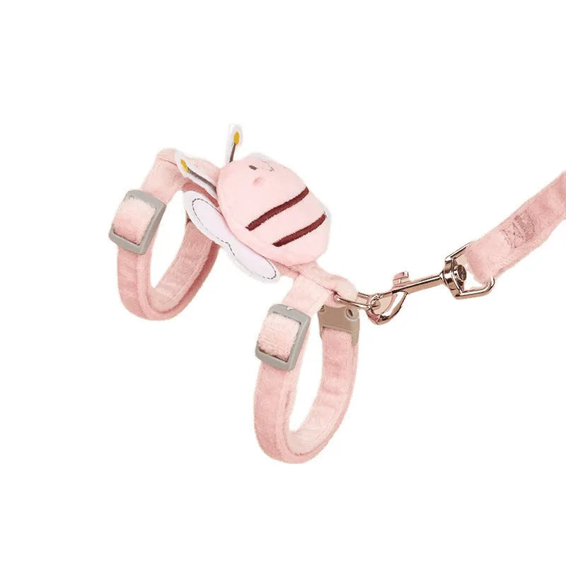 Bee-shaped adjustable cat lead in pink colour with strap and hand-holding rope components