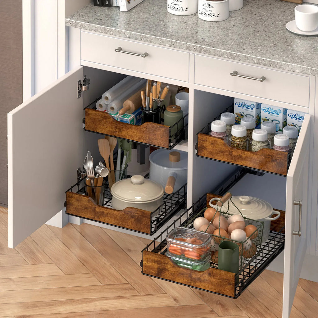 Black wood and iron pull basket kitchen storage drawer organiser rack