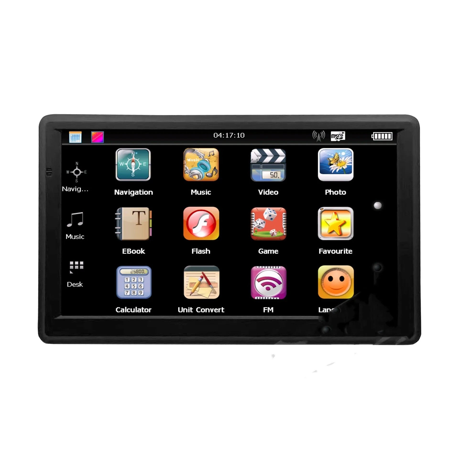 Black portable car GPS navigation device with 7-inch touch screen mounted on a bracket.