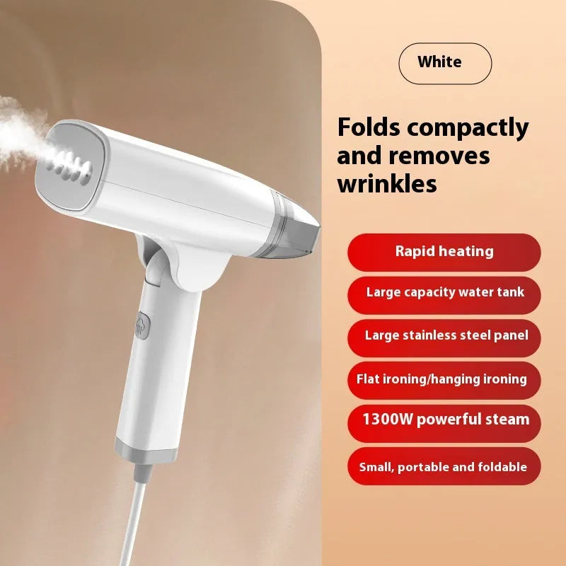 Blue or white handheld garment steamer with 1300W power rating and compact portable design