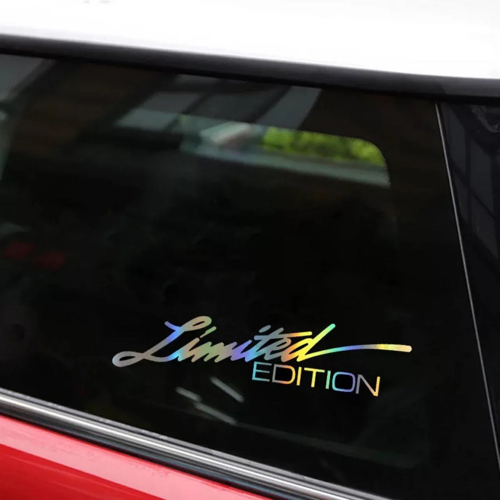 Limited edition laser reflective car sticker with black text on pet material vinyl for automotive application