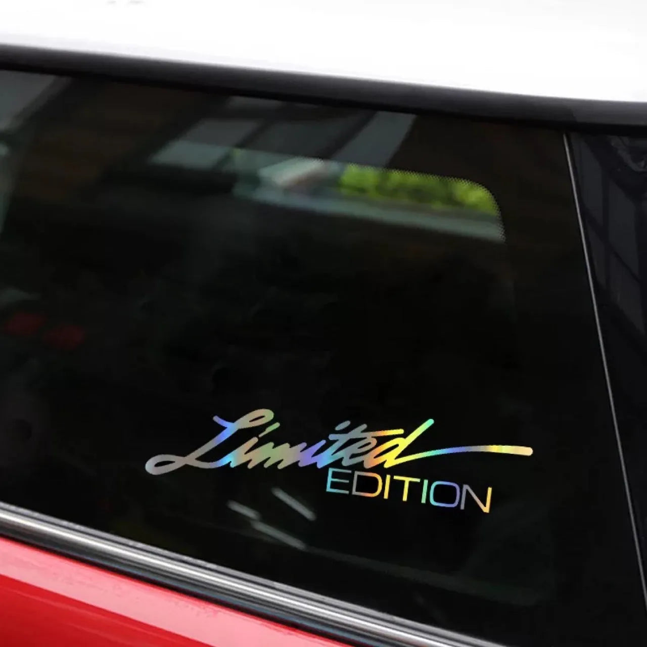 Limited edition laser reflective car sticker with black text on pet material vinyl for automotive application
