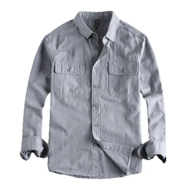 Men's loose fit long sleeve cardigan shirt in polyester available in light grey, black, khaki and green colours