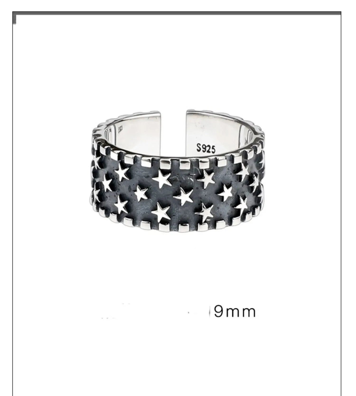 Adjustable sterling silver ring showing a geometric multi five pointed star pattern on the band.