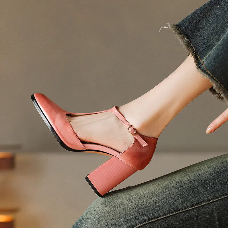 Women's retro pointed toe Mary Jane heels in dark brown with a buckle strap and hollow front design.