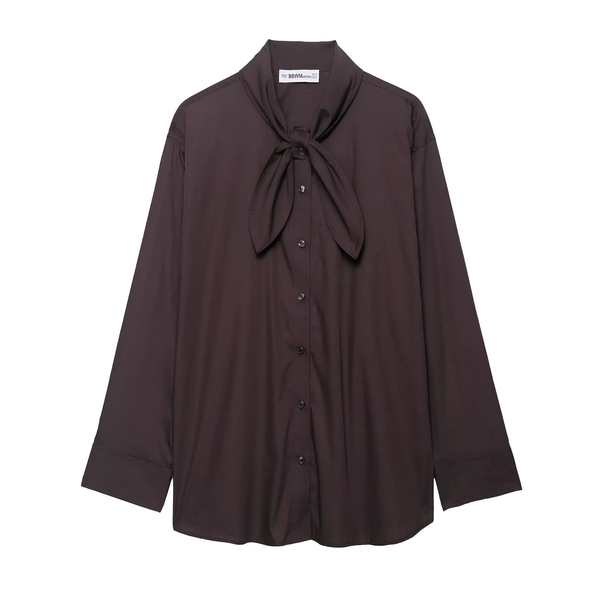 Brown women's long sleeve shirt with integrated poplin scarf and decorative bow tie