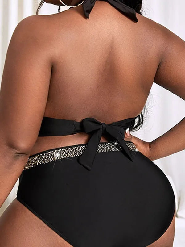 Black plus size women's two-piece polyester bikini swimsuit for swimming and hot spring use