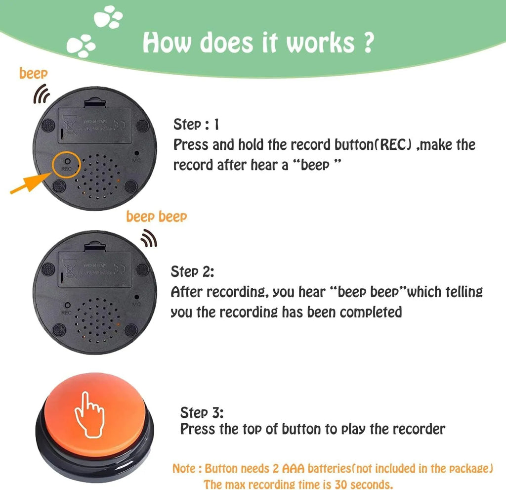 Voice recording button for pet training in multiple colour options with record and playback functions
