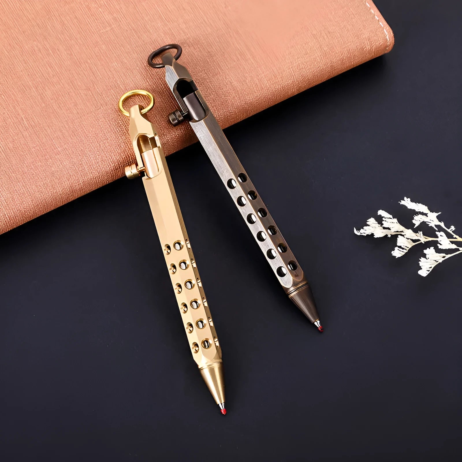Brass hexagonal bolt rollerball pen with 0.5mm tip showing six-sided barrel design